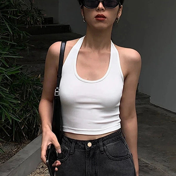 Sexy Backless Cropped Halter Top — vista frontale