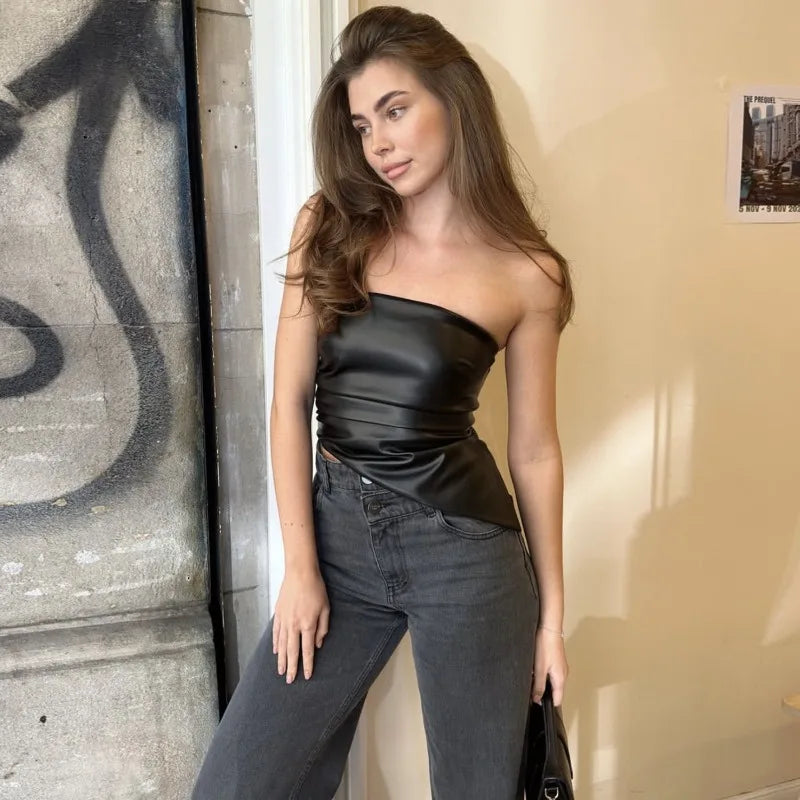 Sexy Leather Strapless Bandeau Tube Top — dettaglio