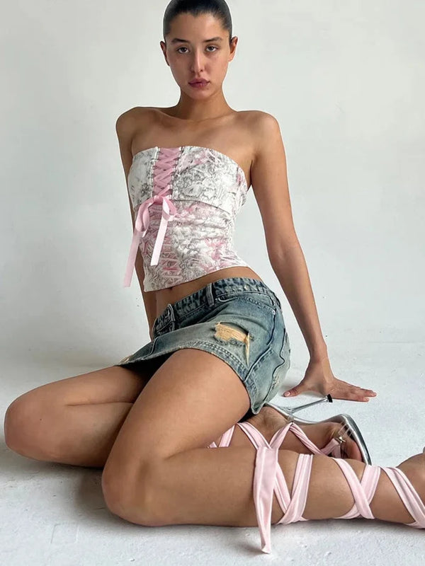 Sexy Ribbon Strapless Bandeau Tube Top — vista frontale