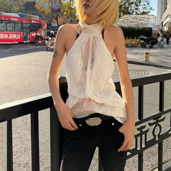 Y2K Sheer Lace Layered Halter Top
