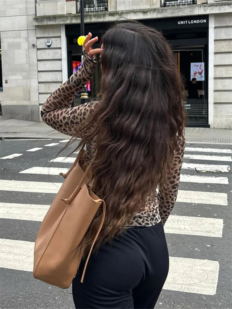 Sheer Mesh Leopard Print Graphic Long Sleeve Top — dettaglio