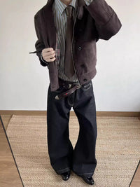 Short Soft Brown Faux Suede Leather Jacket — dettaglio