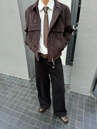 Short Soft Brown Faux Suede Leather Jacket — dettaglio della stampa