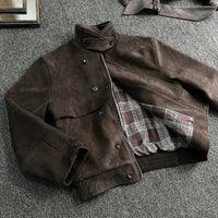 Short Soft Brown Faux Suede Leather Jacket — vista frontale