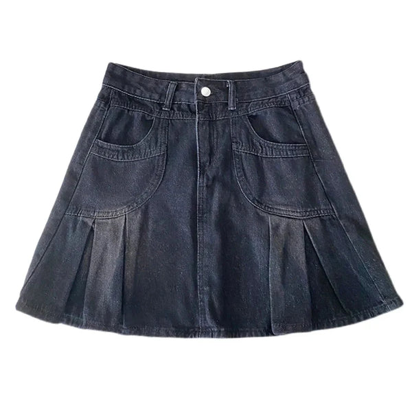 Side Pleated Grunge Denim Mini Skirt — vista frontale
