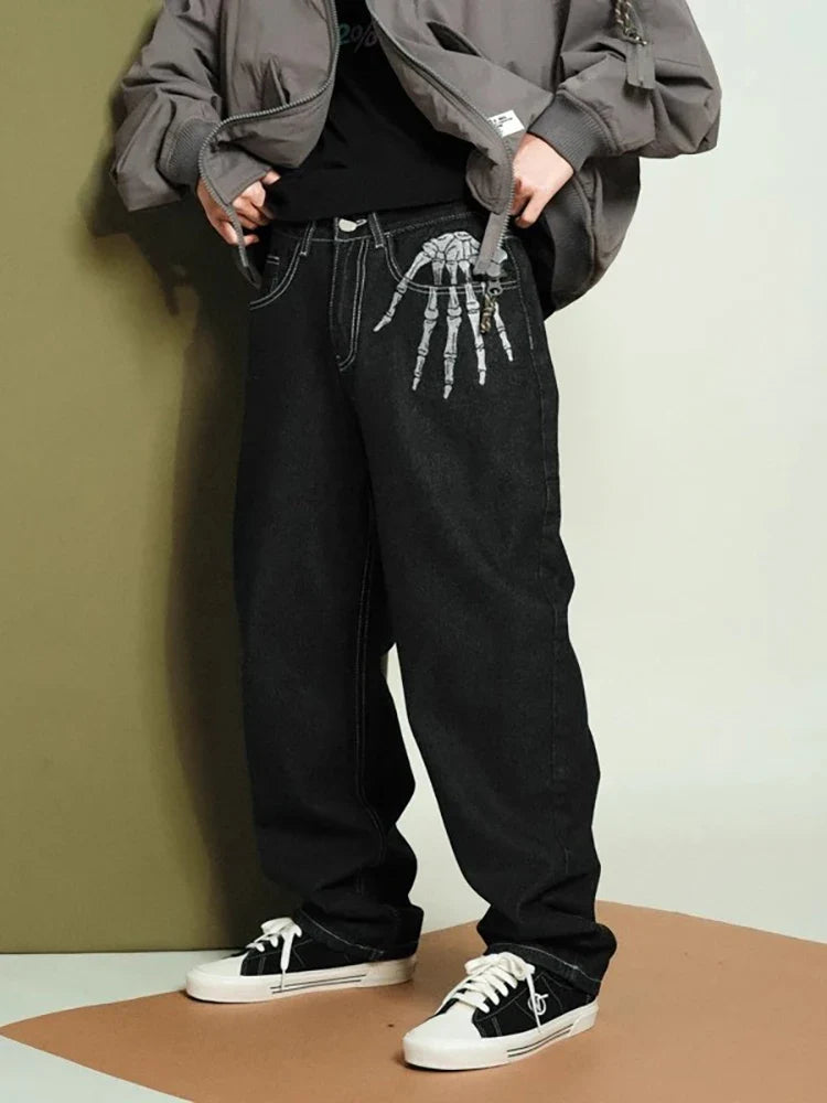 Skeleton Embroidered Black Baggy Jeans — vista posteriore