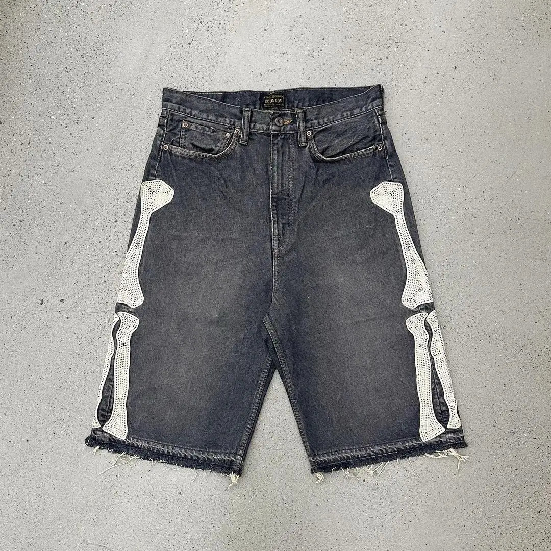 Skeleton Leg Bone Embroidered Denim Shorts Jorts — vista frontale