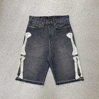 Skeleton Leg Bone Embroidered Denim Shorts Jorts — vista frontale