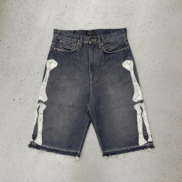 Skeleton Leg Bone Embroidered Denim Shorts Jorts — vista frontale