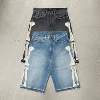 Skeleton Leg Bone Embroidered Denim Shorts Jorts — dettaglio