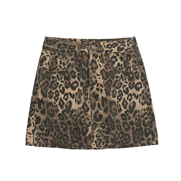 Slim Leopard Print Denim Mini Skirt — vista frontale