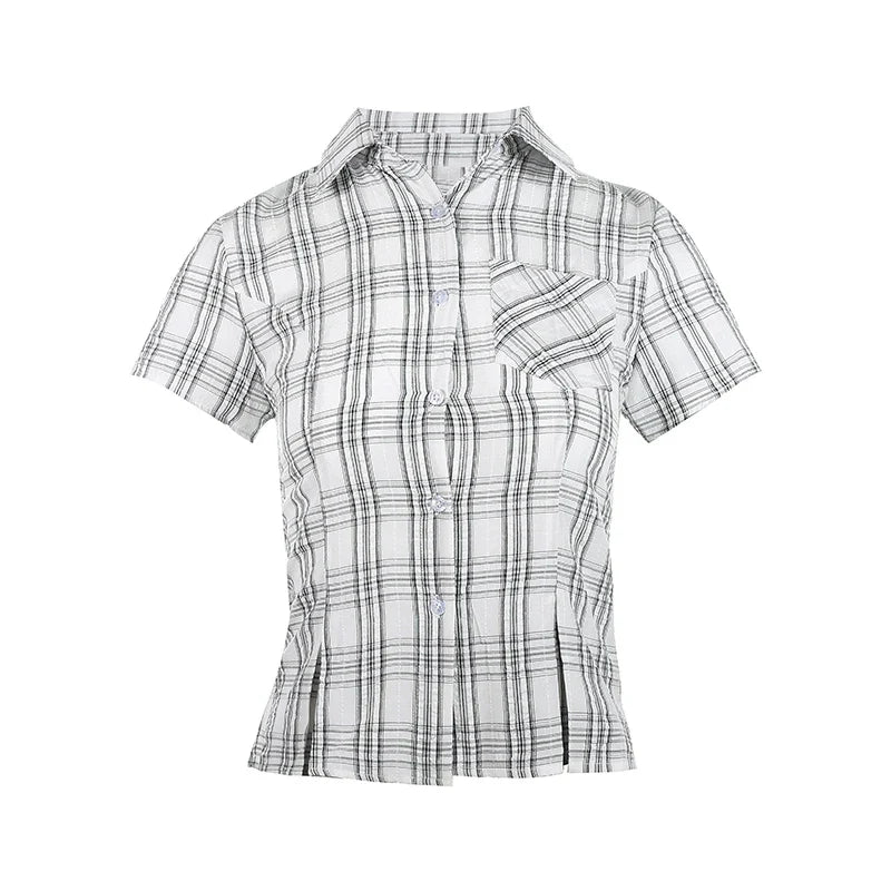 Slim Short Sleeve Plaid Vintage Blouse Button Up Shirt — vista laterale