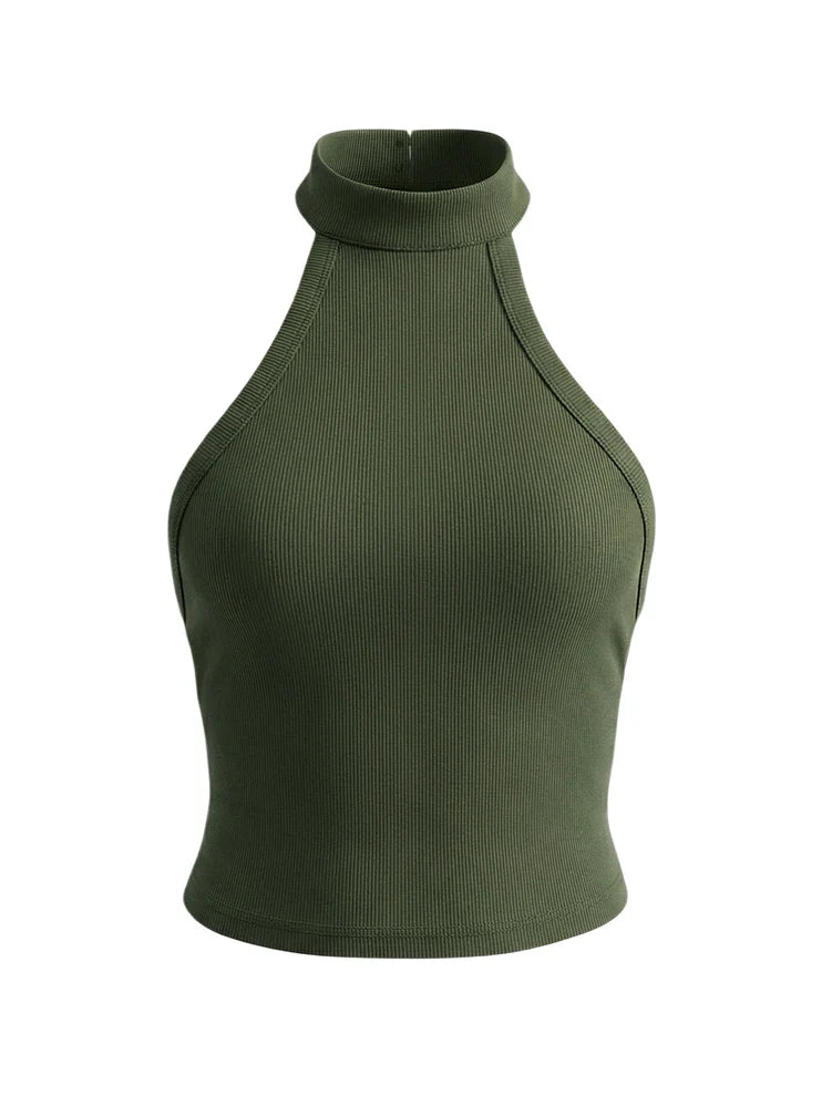 Solid Colour Sleeveless Backless Slim Halter Top — dettaglio della stampa