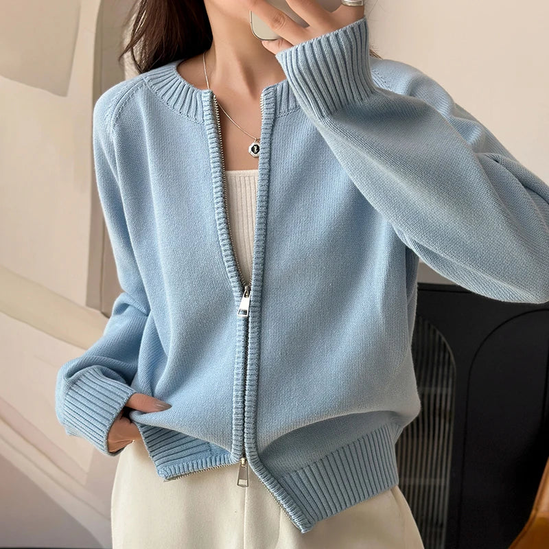 Solid Crew Neck Double Zip Cardigan — vista completa