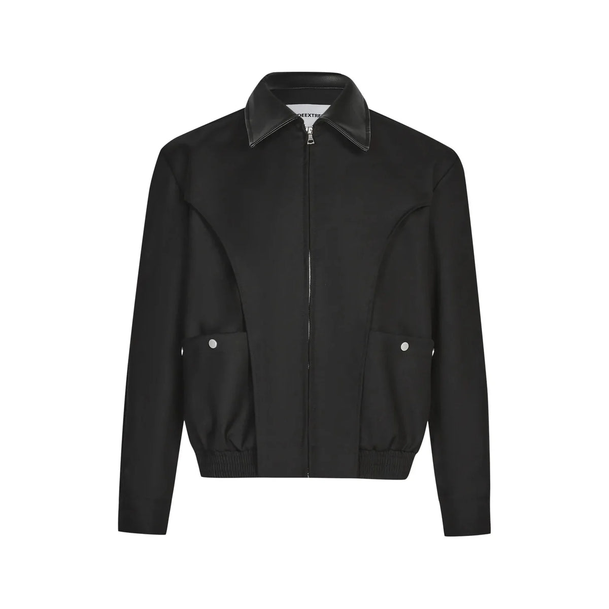 Spliced Polo Collar Black Full Zip Up Jacket — vista frontale
