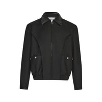Spliced Polo Collar Black Full Zip Up Jacket — vista frontale