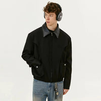 Spliced Polo Collar Black Full Zip Up Jacket — dettaglio