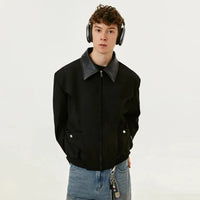 Spliced Polo Collar Black Full Zip Up Jacket — dettaglio della stampa