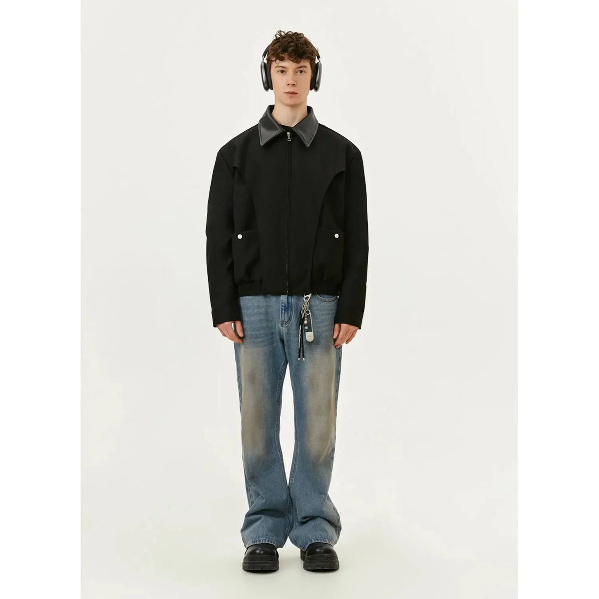 Spliced Polo Collar Black Full Zip Up Jacket — in alternativa