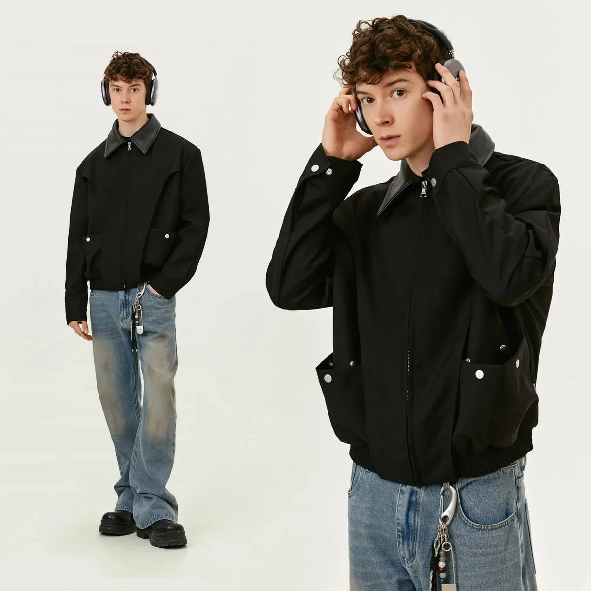Spliced Polo Collar Black Full Zip Up Jacket — vista posteriore