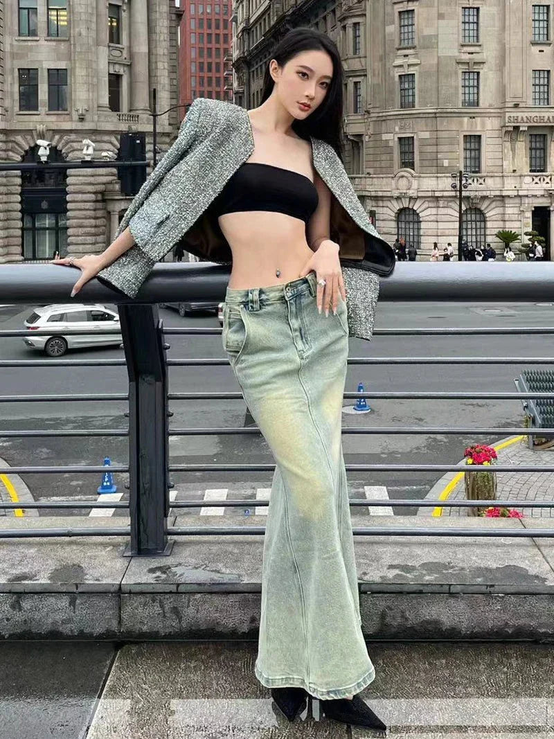 Split Denim Long Mermaid Fishtail Maxi Skirt — in alternativa