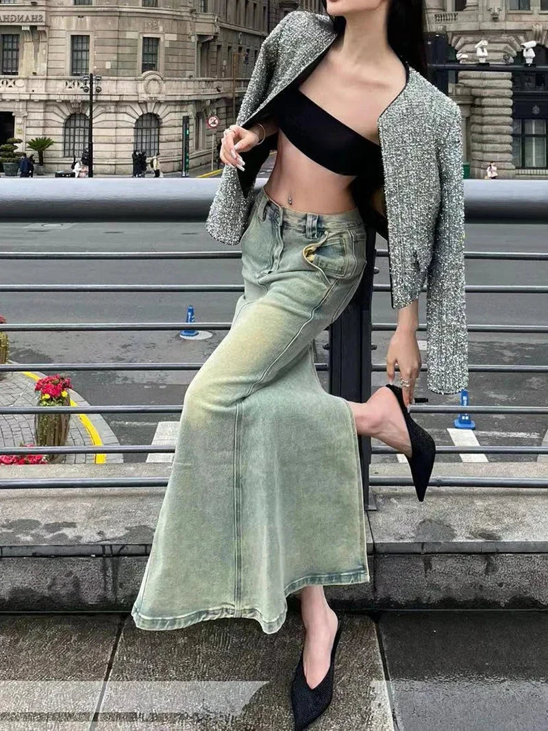 Split Denim Long Mermaid Fishtail Maxi Skirt — vista laterale
