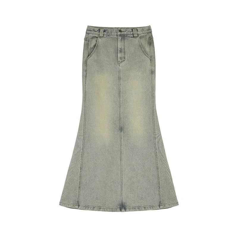 Split Denim Long Mermaid Fishtail Maxi Skirt — vista frontale