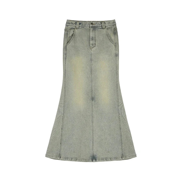 Split Denim Long Mermaid Fishtail Maxi Skirt — vista frontale