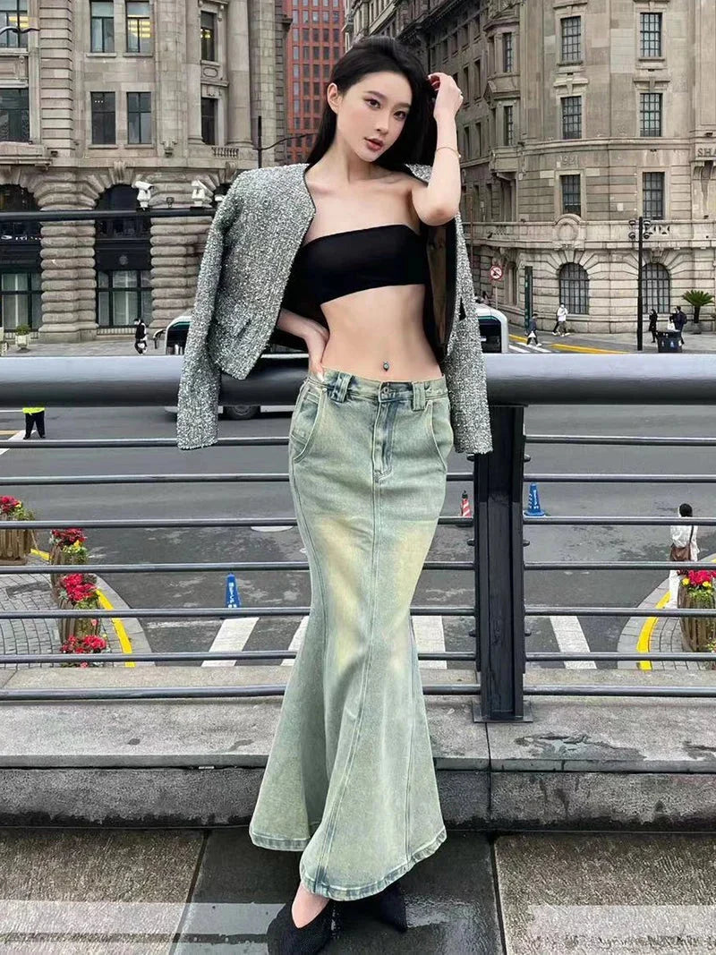 Split Denim Long Mermaid Fishtail Maxi Skirt — vista posteriore