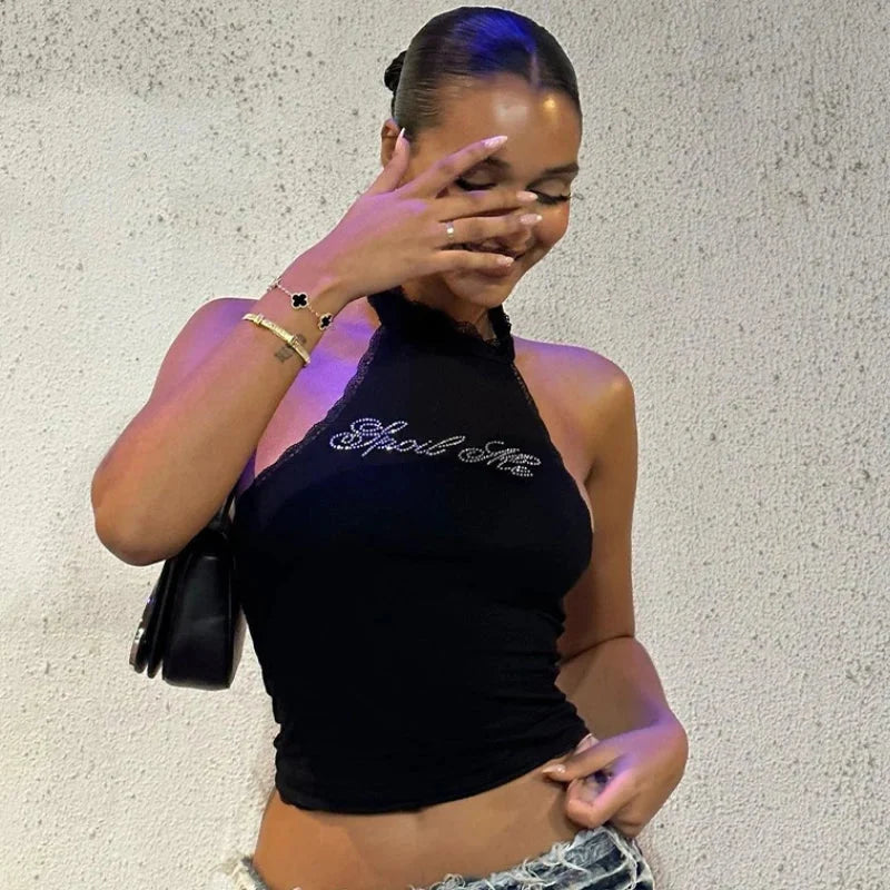 'Spoil Me' Stoned Black Halter Top — dettaglio del tessuto