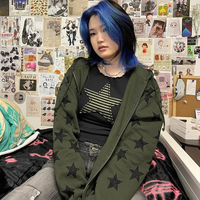 Star Collage Print Full Zip Up Hoodie — dettaglio