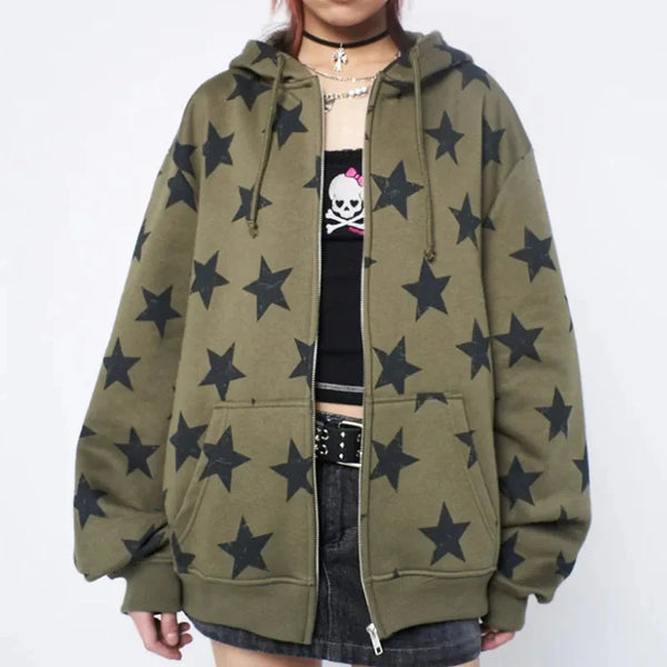Star Collage Print Full Zip Up Hoodie — vista frontale