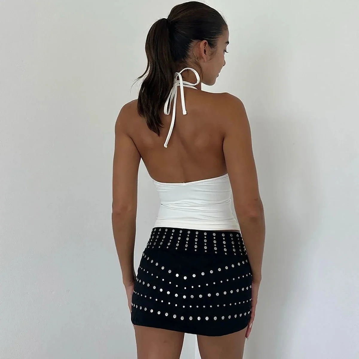 Stoned Heart White Backless Halter Top — dettaglio