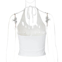 Stoned Heart White Backless Halter Top — dettaglio del tessuto