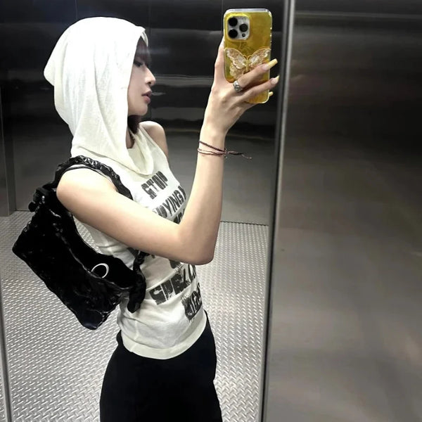 Y2K Stop Copying Me Sheer Mesh Hooded Tank Top
