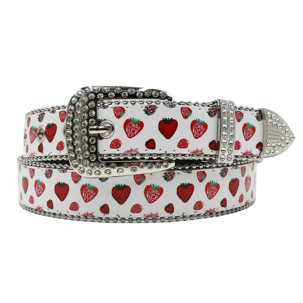 Strawberry Graphic Faux Water Diamond Rhinestone Belt — vista frontale