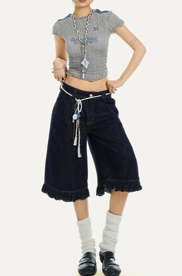 Streetwear Womens Denim Shorts Jorts — dettaglio della stampa