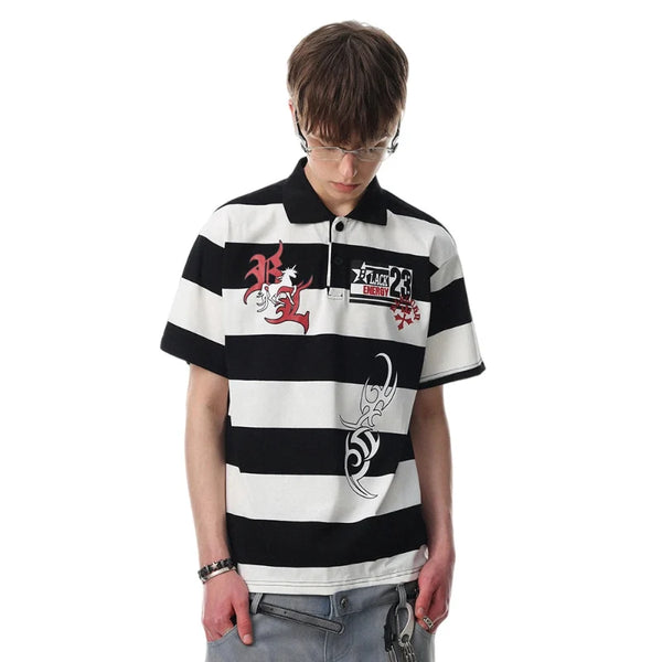 Y2K Striped Graphic Short Sleeve Polo Shirt