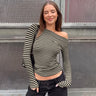 Y2K Striped Oblique Off Shoulder Long Sleeve Top