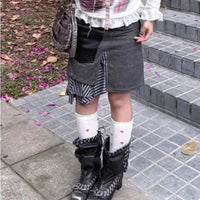 Striped Patchwork Asymmetrical Denim Mini Skirt — vista posteriore