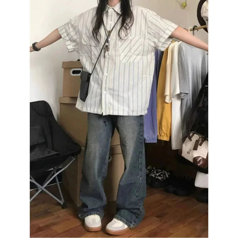 Striped Short Sleeve Button Up Blouse Shirt — in alternativa