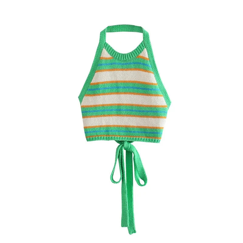 Striped Tie Up Backless Halter Top — vista posteriore