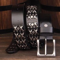 Studded Cross Stitch Rivet Genuine Leather Belt — dettaglio della stampa