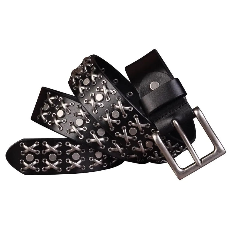 Studded Cross Stitch Rivet Genuine Leather Belt — vista laterale