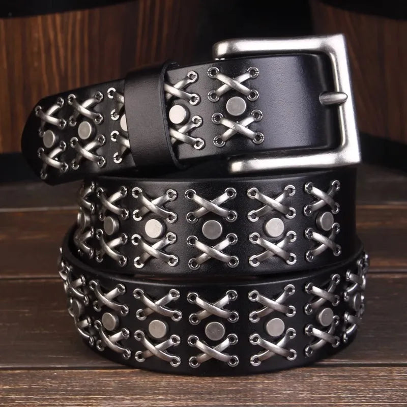 Studded Cross Stitch Rivet Genuine Leather Belt — vista frontale