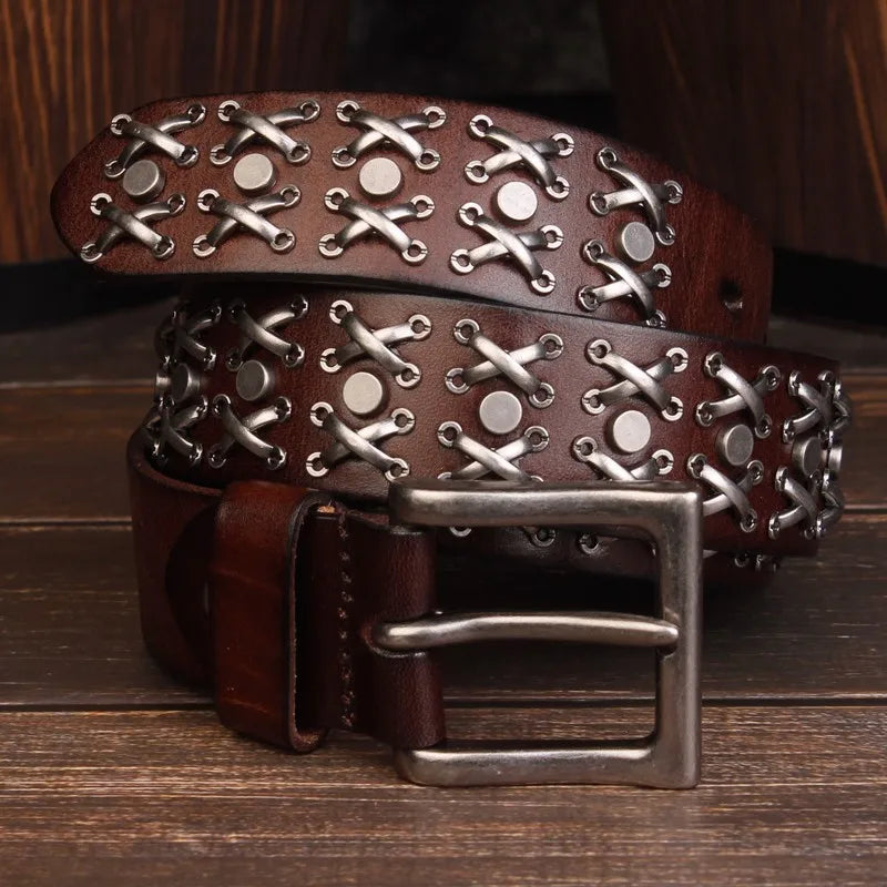 Studded Cross Stitch Rivet Genuine Leather Belt — dettaglio