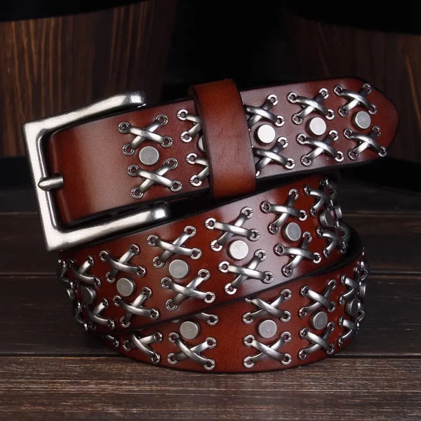 Y2K Studded Cross Stitch Rivet Genuine Leather Belt