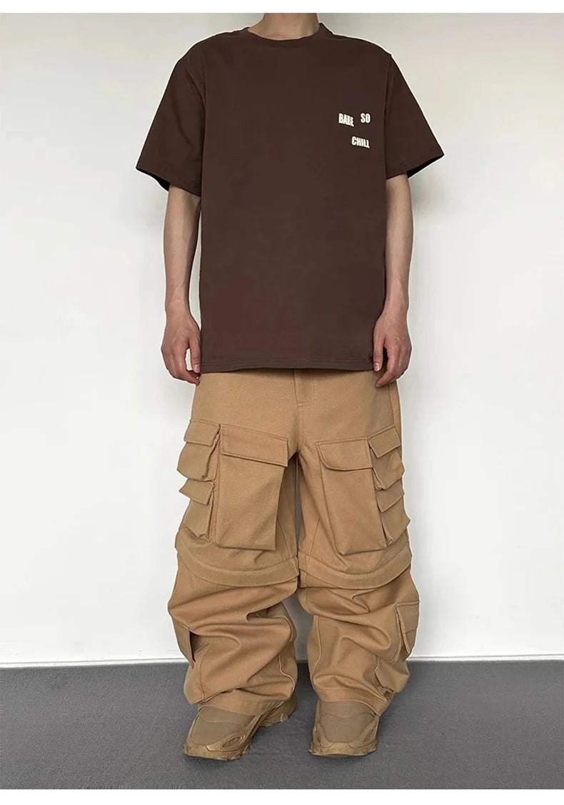 Super Wide Leg Khaki Zip Off Cargo Trousers — dettaglio
