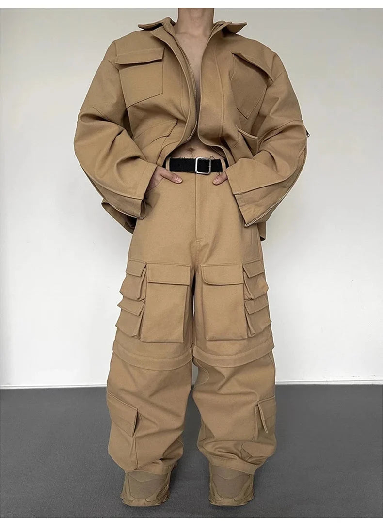 Super Wide Leg Khaki Zip Off Cargo Trousers — dettaglio