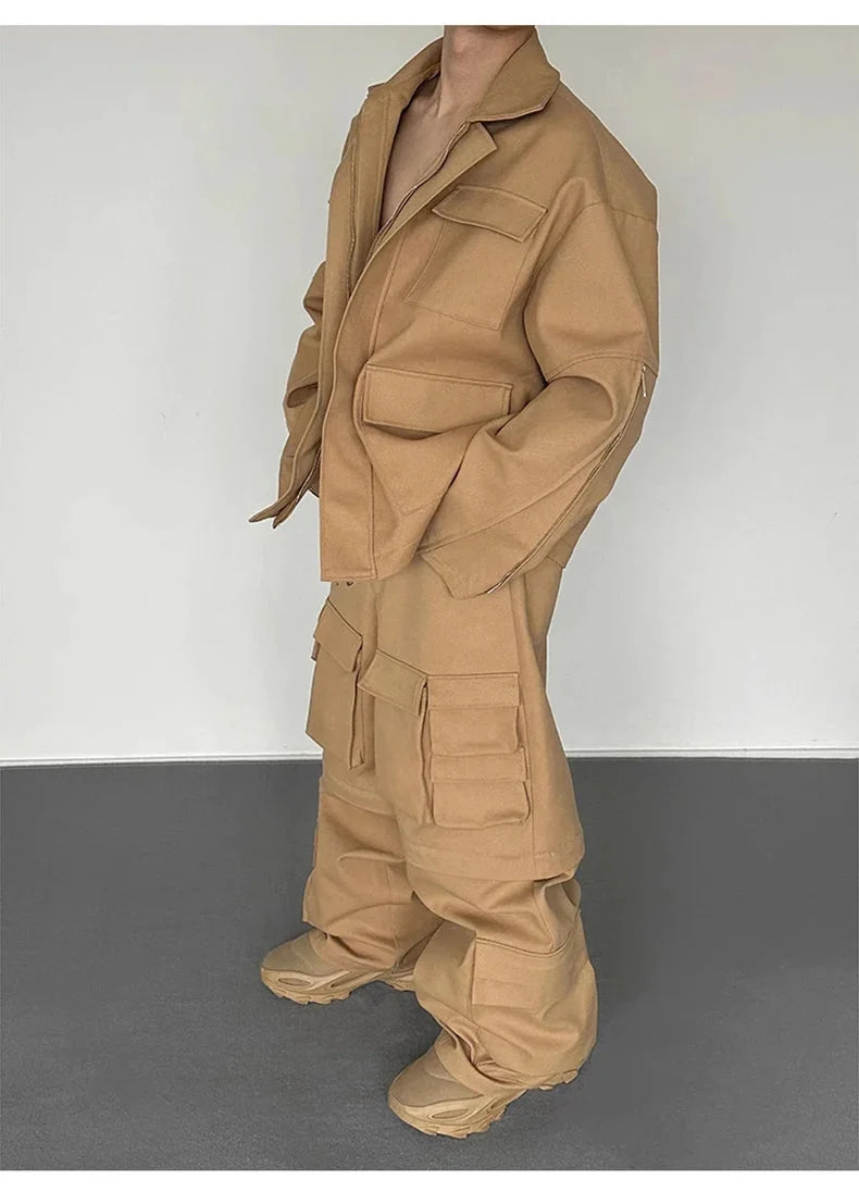 Super Wide Leg Khaki Zip Off Cargo Trousers — dettaglio del tessuto